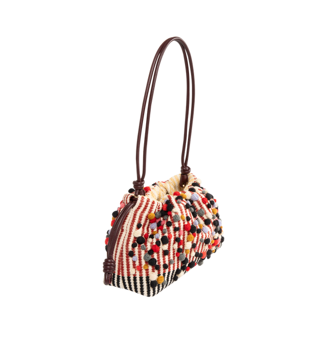 Image 3 of 4 - MULTI - LOEWE Medium Flamenco Purse in embroidered textile featuring a ruched shape, historical knot drawstrings, 3D wool dots, shoulder, crossbody or hand carry, detachable donut chain with Anagram Pebble, detachable and adjustable leather strap, magnetic closure, nappa lambskin lining and gold embossed LOEWE and Anni Albers signature. 20 cm x 30 cm x 10.5 cm. Made in Spain.
