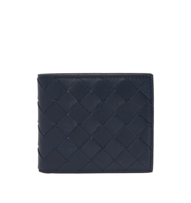 Image 1 of 3 - NAVY - BOTTEGA VENETA Intrecciato Bi-Fold Wallet featuring intrecciato calfskin leather wallet with contrasted interior, eight card slots, two bill compartments, two additional pockets. 3.7 x 4.3 x 0.4. Calfskin. Made in Italy.