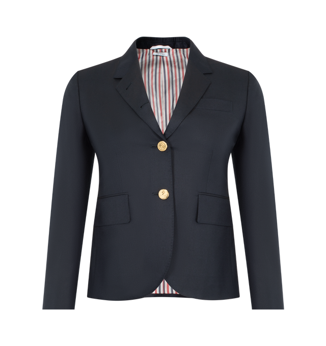 Image 1 of 3 - NAVY - Thom Browne Women's wool single-breasted blazer featuring signature grosgrain loop tab, three stripe lining, notched lapels, front 3-button fastening, long sleeves, chest welt pocket, two side flap pockets, buttoned cuffs and English rear vents. 120's Twill Fabric. 100% Wool, Lining: 100% Cupro. Made in Italy.