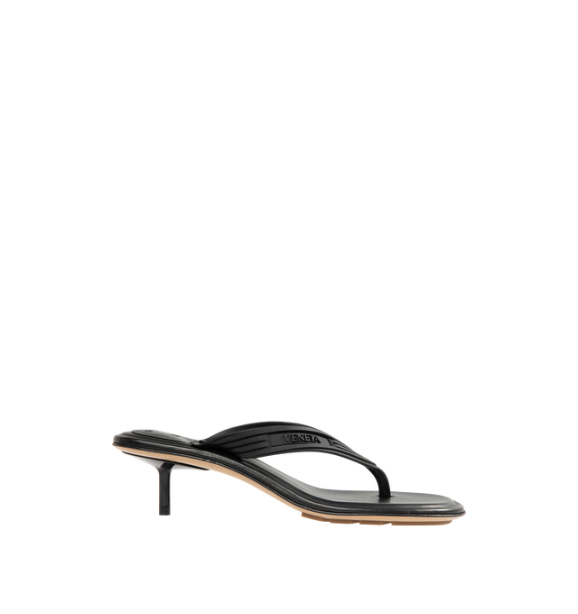 Image 1 of 4 - BLACK - BOTTEGA VENETA Sampieri Thong Sandal featuring kitten heel thong sandal, matte rubber and a soft nappa leather insole. Lambskin. Made in Italy.