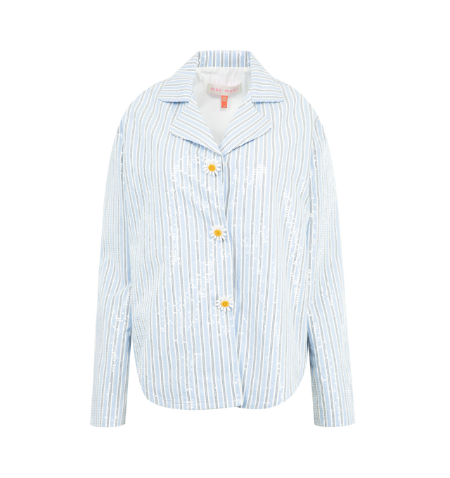 Image 1 of 2 - BLUE - MIRA MIKATI Sequinned Striped Shirt With Daisy Brooches featuring sequin embellished cotton, stripe design, pyjama shirt collar, long sleeves, button down front and hand-painted metal daisy buttons. 100% cotton.