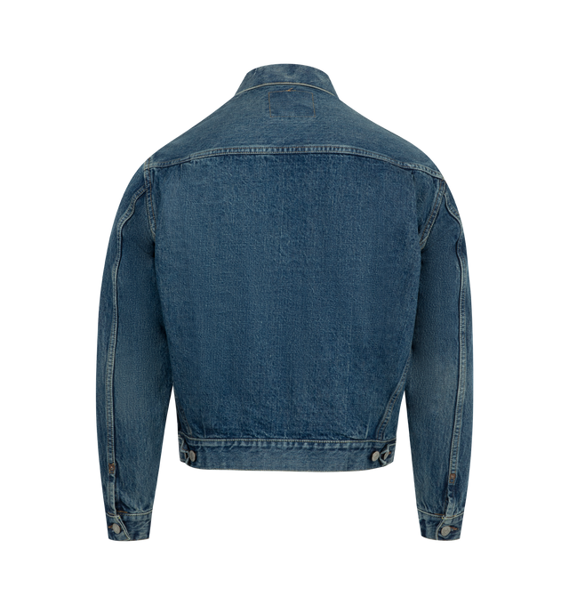 Image 2 of 2 - BLUE - ORSLOW Type 2 1950's Denim Jacket featuring relaxed body, dropped yoke, two chest pockets, side tab adjusters at hem, stitched pleat placket, large back pleats, copper rivet reinforcements, cardstock neck tag and custom metal buttons. 100% cotton. Made in Japan.