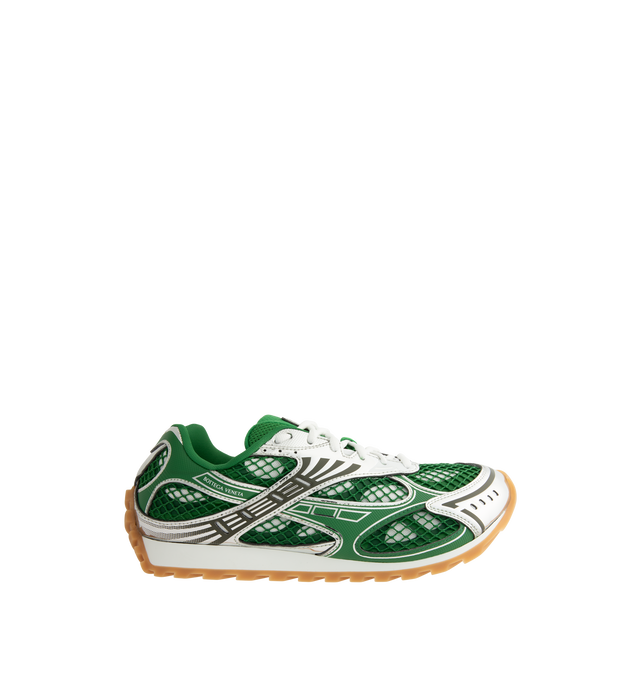 Image 1 of 5 - GREEN - Bottega Veneta Orbit Sneaker featuring mechanical textile upper, rubber sole, lace-up front, padded collar and tongue with Bottega Venneta logo detail at tongue. Made in Italy.