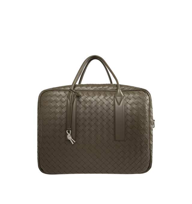 Image 1 of 4 - GREEN - BOTTEGA VENETA Getaway Weekender featuring soft Intrecciato leather with adjustable and detachable strap, signature knot detail, padded laptop compartment, one zipped pocket and zipper closure. Lining: canvas. 13" x 16.9" x 7.5". Handle drop: 6.5". Calfskin. Made in Italy. For personal consultation and detailed information about jewelry, please contact our dedicated stylist team at personalshopping@hirshleifers.com. This item may be restricted for online purchase to international