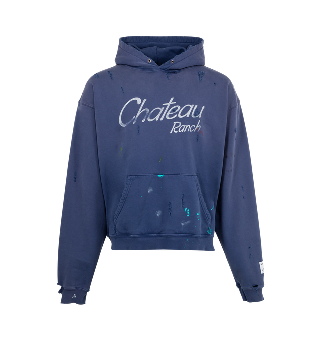 Image 1 of 5 - BLUE - GALLERY DEPT. Chateau Ranch Hoodie featuring front pocket, fixed hood, logo on front, graphic on elbows and distressing and paint throughout. 100% cotton. Made in USA.