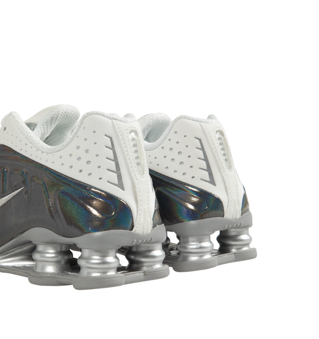 Image 3 of 5 - MULTI - NIKE Shox R4 Sneaker featuring Nike Shox columns, synthetic and textile upper, circular Waffle outsole, laser perforations throughout provide ventilation and reflective details.