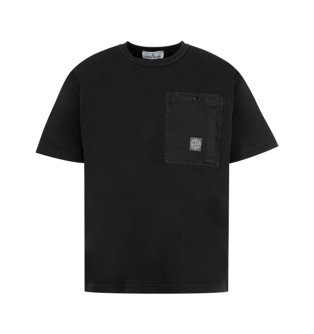 Image 1 of 2 - BLACK - STONE ISLAND T-Shirt featuring ribbed neckline, cotton ripstop patch chest pocket with snap, pleat detail, compass logo patch and regular fit. 100% cotton.