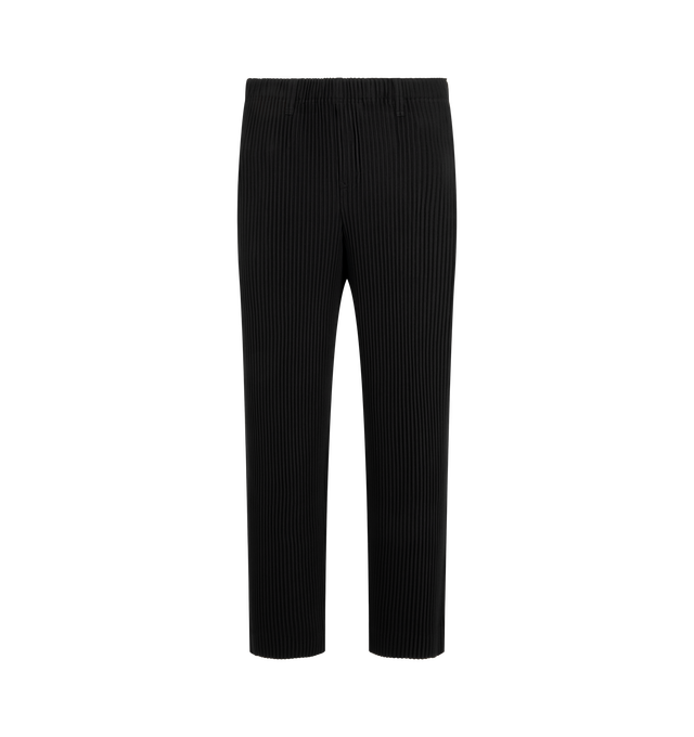 Image 1 of 3 - BLACK - Issey Miyake Pleats Pants are sporty straight pants. They are characterized by their portability and light comfort with the unique quick-drying property of polyester material. There are pockets on both sides and a drawcord at the waist, along with a button-fly design. Material: 100% Polyester. Made In Japan.