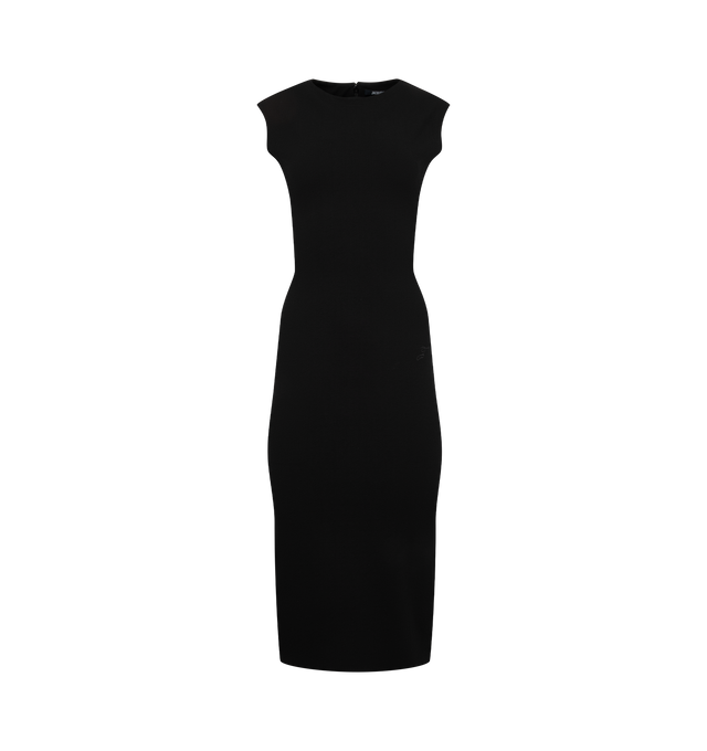 Image 1 of 2 - BLACK - Jacquemus Women's Gathered Midi Dress is crafted from virgin wool and features a fitted silhouette, round neckline, sleeveless construction, and gathering at the back. Designed with an upward-curving back vent, signature "J" embroidery at the hip, and an invisible back zip closure, this streamlined style offers a refined tailored finish. Main Material: 95% Virgin Wool, 5% Elastane. Fit: Fitted. Length: Midi. Neckline: Round Neck. Sleeves: Sleeveless. Details: Gathered Back, Upward-C