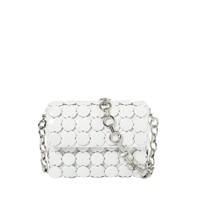 Image 1 of 3 - WHITE - RABANNE Button Flap Shoulder Bag featuring front flap with magnetic closure and fixed metal chain strap 85% brass, 15% zamak. 