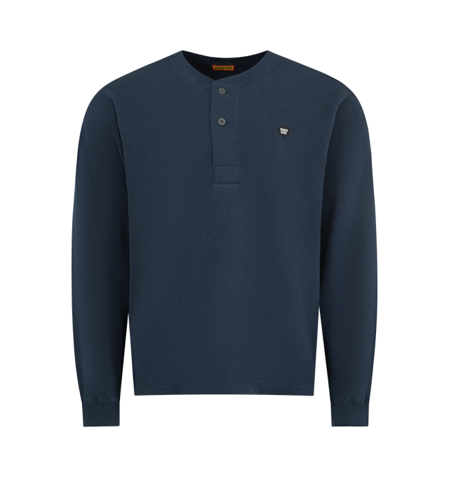 Image 1 of 2 - NAVY - HUMAN MADE Henley Neck Shirt featuring textured cotton thermal fabric, long sleeves, heart logo patch on the right chest, brand logo print on the back and ribbed collar and cuffs 100% cotton.