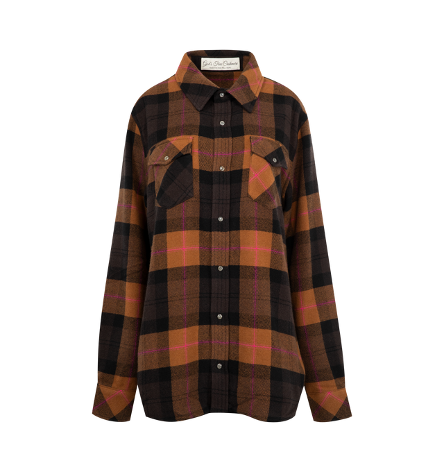 Image 1 of 2 - BROWN - GOD'S TRUE CASHMERE Tartan Cashmere Shirt featuring 11 hand-carved, gemstone snaps, Black Sunstone, plaid throughout, long sleeves, classic collar and two front flap pockets on chest. 100% cashmere. Made in Italy.