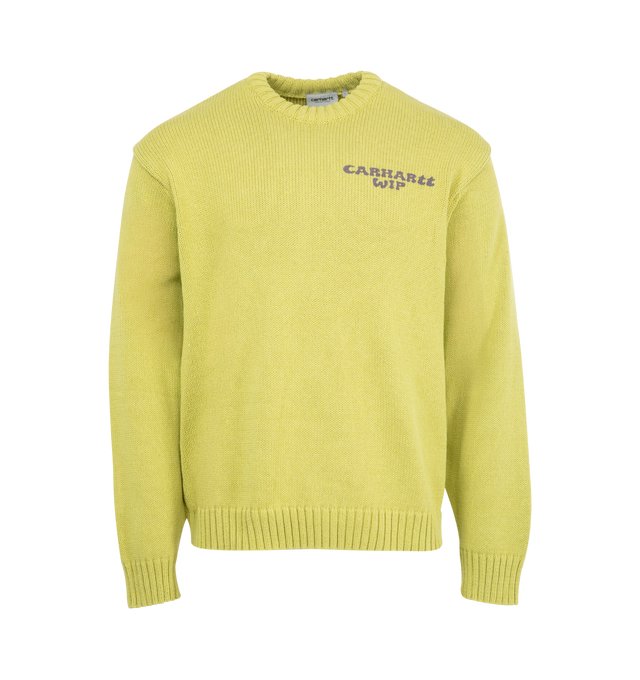 Image 1 of 2 - GREEN - CARHARTT WIP Helix Sweater featuring a midweight style knit from recycled cotton yarn and polyester, a rib-knit collar and cuffs and graphic prints appear on the front and back. 53% recycled cotton, 47% polyester.