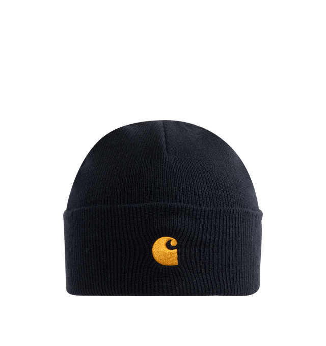 Image 1 of 2 - NAVY - CARHARTT WIP Chase Beanie featuring a soft 9 gauge stretchable rib-knit fabric and a woven Carhartt WIP label on the front. 100% acrylic.