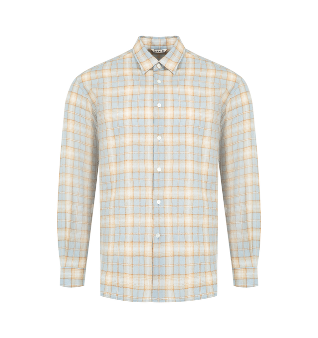 Image 1 of 2 - NEUTRAL - AURALEE Airy Wool Check Shirt featuring ultra-fine combed wool, relaxed fit, plaid throughout, long sleeves with button cuffs and button front closure. 100% wool.