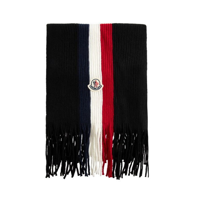 Image 1 of 2 - BLACK - MONCLER Tricolor Wool Scarf featuring ultra-fine wool, english rib knit, gauge 5 and logo patch. 100% virgin wool.