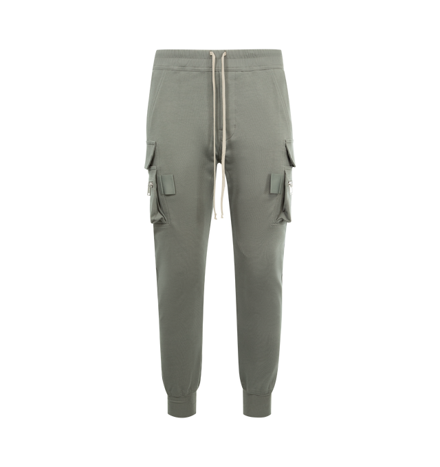 Image 1 of 3 - GREY - RICK OWENS Mastodon Cargo Pants featuring slim-fit, drawstring at elasticized waistband, four-pocket styling, button fly, rib-knit cuffs and cargo and zip pockets at outseams. 100% organic cotton. Made in Italy.