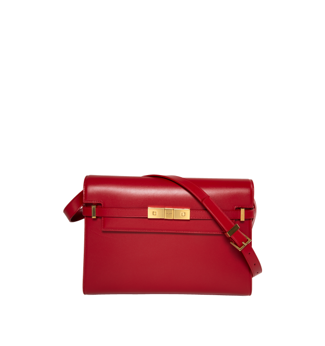 Image 1 of 3 - RED - SAINT LAURENT Manhattan Shoulder Bag in Box Saint Laurent Leather featuring small flap on top, compression tabs on the sides and an adjustable, detachable shoulder strap. 11.4 X 7.8 X 2.9 inches. 90% calfskin leather, 10% metal. Made in Italy.  