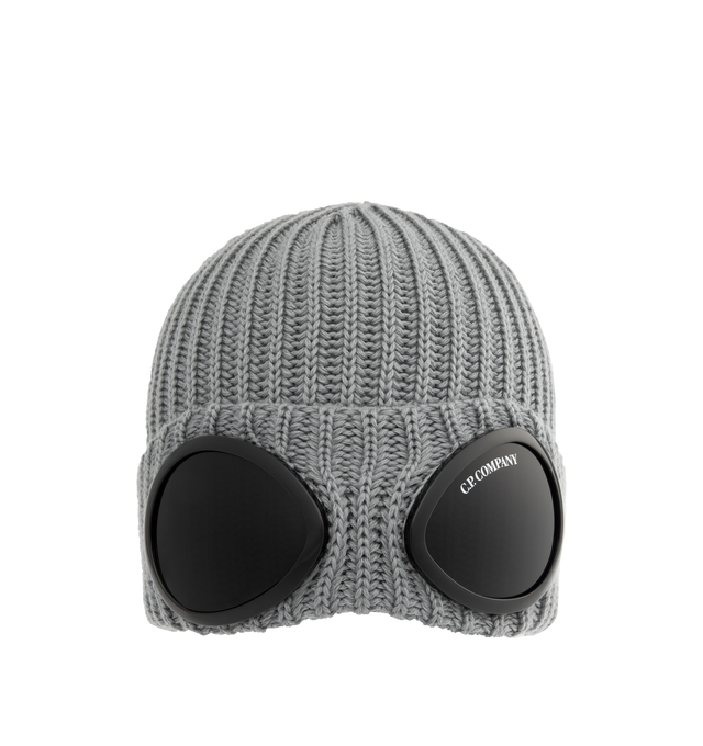 Image 1 of 2 - GREY - C.P. COMPANY Extrafine Merino Wool Beanie featuring a ribbed knit, a woven logo label and C.P. Companys iconic Goggle lenses. 100% wool.