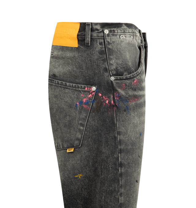 Image 3 of 3 - BLACK - GALLERY DEPT. Zip Denim Pant featuring loose, baggy fit, intentionally twisted seams on leg panels, GD custom hardware, embroidered GD pin detailing on the coin pocket, hand-painted and debossed tan leather GALLERY DEPT. jacron on the back waistband. 100% cotton. Made in USA.