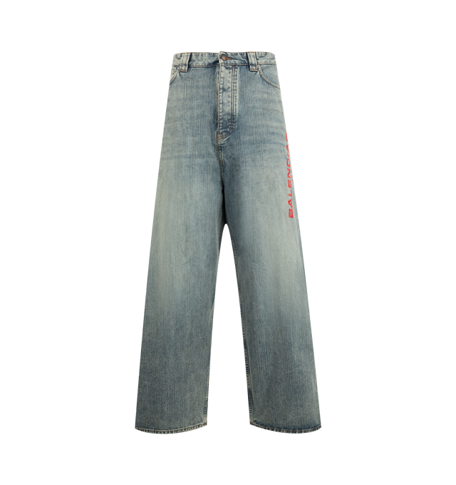 Image 1 of 3 - BLUE - BALENCIAGA Baggy Pants featuring Italian ring denim, mid-waist, covered button fly, 5 belt loops, 5 pockets, Balenciaga engraved flex buttons, Balenciaga Jeans embroidered on left leg, Balenciaga Jeans jacron at back and destroyed effect at back legs. 100% cotton. Made in Italy.