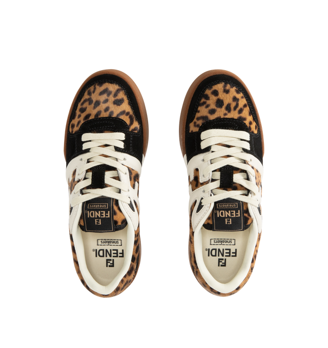 Image 5 of 5 - BROWN - FENDI Match Sneaker featuring low-top, platform, lace-up, made of cavallino calfskin with a brown Fendi Leo animalier print and black suede details, creating a double layer effect. White leather FF appliqus on the sides and hiking laces in the same color. Rubber sole with embossed Fendi lettering on the side. 100% calf leather, 100% hair-on calf leather. Made in Italy.