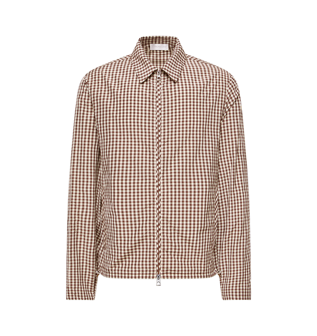 Image 1 of 1 - BROWN - MONCLER Vichy Cotton Blend Zip-Up Shirt Jacket featuring crinkled vichy cotton blend, collar, long sleeves, zipper closure, side pockets, adjustable cuffs and elastic hem. 52% cotton, 48% polyester.