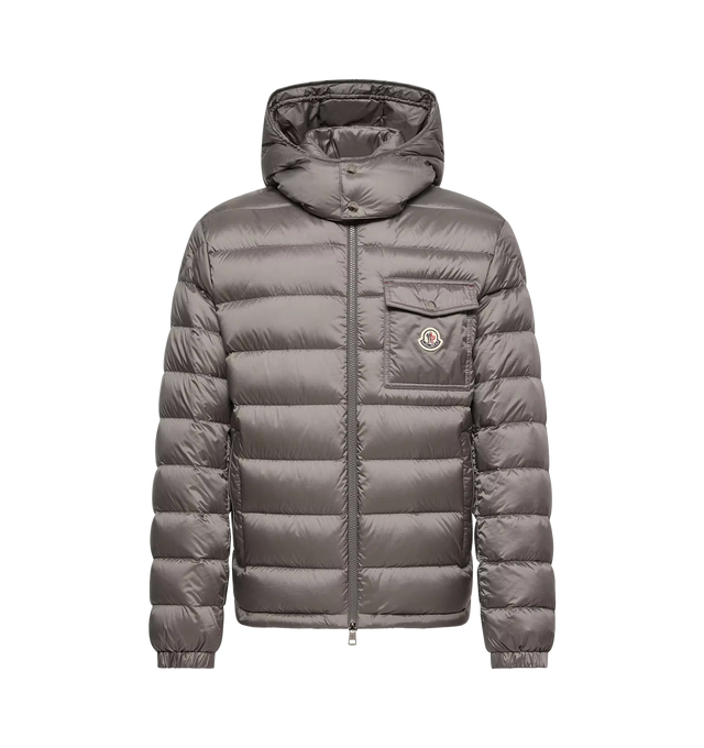 Image 1 of 1 - GREY - Moncler Verith Hooded Short Down Jacket featuring nylon technique lining, down-filled, detachable and adjustable hood, zipper closure, zipped pockets, chest pocket with snap button closure, inside pocket with zipper closure, tricolor accent and logo patch. 100% polyamide/nylon. Padding: 90% down, 10% feather. Made in Italy.