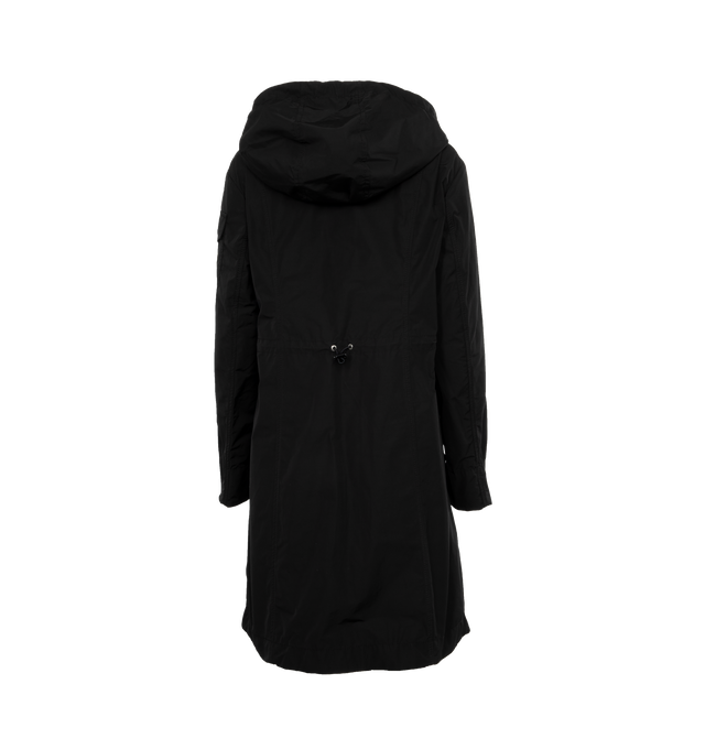 Image 2 of 3 - BLACK - MONCLER Laerte Long Parka featuring poplin technique, hood, zipper closure, patch pockets and waistband with drawstring fastening. 60% polyester, 40% cotton. Made in Moldova.  