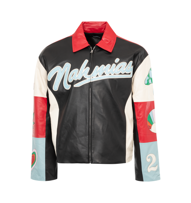 Image 1 of 2 - MULTI - NAHMIAS Moto Jacket featuring logo on front, zip closure, leather patches on sleeves and satin lining. 100% leather.  