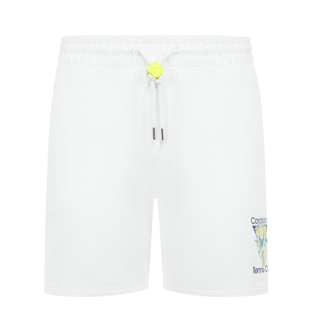 Image 1 of 3 - WHITE - CASABLANCA Tennis Club Icon Sweatshorts featuring tennis logo on front leg, an elasticated waistband, toggle drawstring fastening, slanted side pockets and a patch back pocket. 100% cotton. Made in Portugal.
