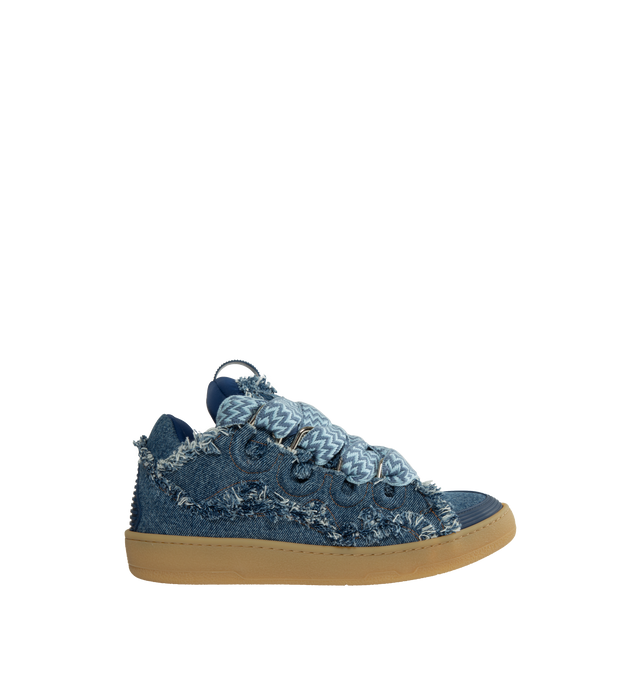Image 1 of 5 - BLUE - LANVIN Curb Sneakers featuring denim, frayed edges, almond toe, waxed and woven double laces with a herringbone motif, quilted tongue with the Lanvin label and embossed Mother and Daughter logo. 100% cotton. Lining: 80% polyamide, 20% elasterell-p tricote. Made in Portugal. 