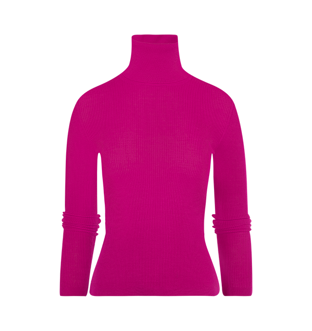 Image 1 of 2 - PINK - SAINT LAURENT Turtleneck Top featuring an all-over ribbed knit, made with certified cashmere and certified wool, turtleneck, long sleeves and ribbed trims. 35% cashmere, 35% wool, 30% silk. Made in Italy.