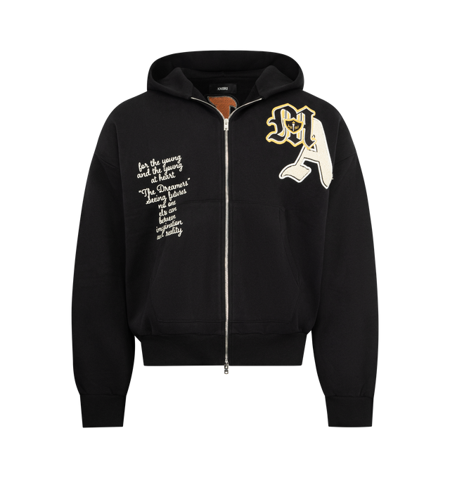Image 1 of 2 - BLACK - AMIRI Varsity Patch Oversized Zip Hoodie featuring cotton fleece hoodie, two-way zip closure, logo patches at chest, sleeves, and back, text printed at front, patch pockets at waist, rib-knit hem and cuffs and dropped shoulders. 100% cotton. Made in Italy.