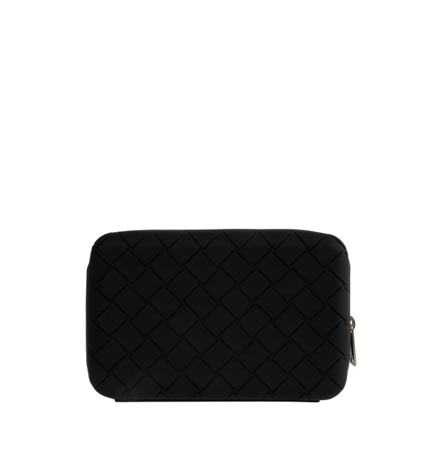 Image 1 of 3 - BLACK - BOTTEGA VENETA Tech Rubber Clutch featuring intreccio rubber silicone clutch with detachable and adjustable leather strap, three interior card slots and zippered closure. 7.3" x 4.3" x 2". Strap drop: 18.9". 100% calfskin. Made in Italy. 