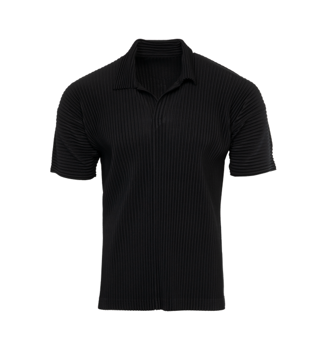Image 1 of 3 - BLACK - ISSEY MIYAKE Pleated Polo Shirt featuring open collar, short sleeves and pullover style. 100% polyester.  