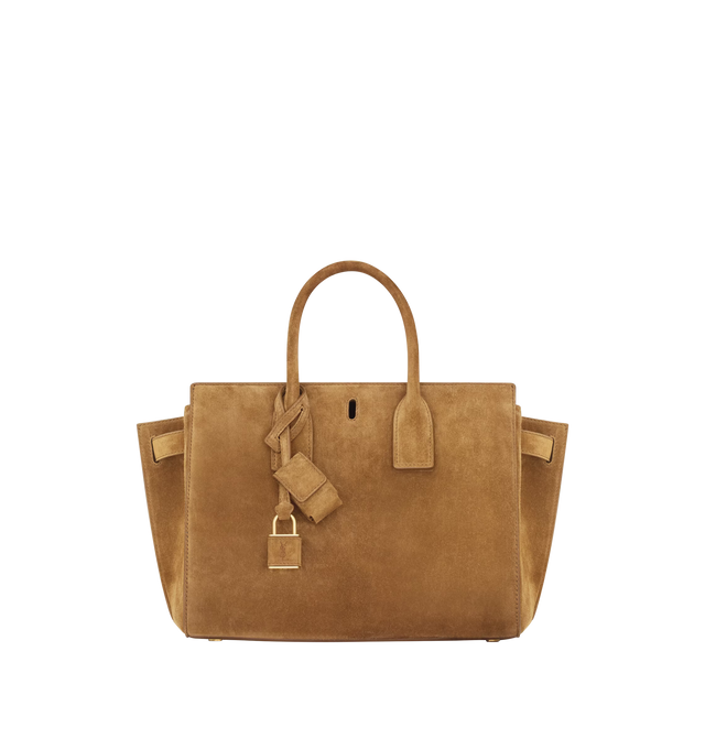 Image 1 of 6 - BROWN - SAINT LAURENT Sac De Jour Suede Bag featuring signature padlock, an east/west format, structured bag, top handles, interchangeable straps for multiple carry options, viscose and polyester lining, bronze-tone hardware, toggle hook closure, expandable accordion sides, one zip pouch and interchangeable suede strap and canvas strap. 9.8" x 7.5" x 5.9". Calfskin. Made in Italy.
