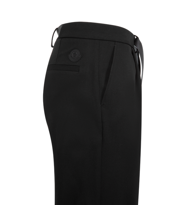Image 3 of 3 - BLACK - MONCLER Twill Pant featuring two-way stretch twill, adjustable belt, zipper and snap button closure and silicone logo patch. 53% polyester, 43% wool, 4% elastane/spandex.