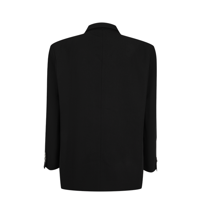 Image 2 of 2 - BLACK - Willy Chavarria Women's Manuela Blazer is tailored in a fitted silhouette and features structured roped shoulders, sharp peak lapels, and a double-breasted front closure. Designed to balance strong tailoring with a streamlined shape, this polished blazer is fully lined and finished with interior pockets and functional four-button cuffs for refined everyday wear. Main Material: 73% Virgin Wool, 27% Viscose. Lining: 100% Cupro. Fit: Fitted. Closure: Double-Breasted Button Front. Collar: