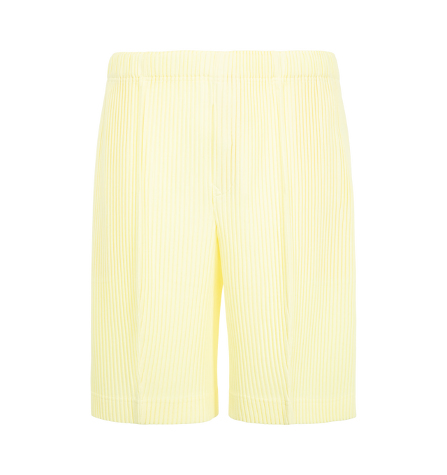 Image 1 of 3 - YELLOW - Issey Miyake Men's August Pleated Shorts feature signature pleated polyester jersey with quick-drying properties, side pockets, and an elasticated waistband with a button-fly closure. These designer shorts combine lightweight performance with the brand's iconic pleated construction for everyday comfort and modern style. Main Material: 100% Polyester.