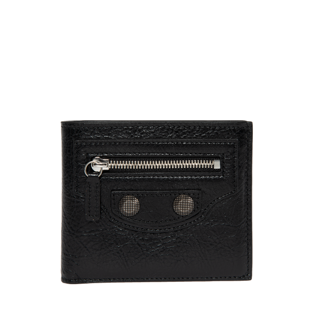 Image 1 of 3 - BLACK - BALENCIAGA Le Cagole Square Folded Wallet featuring Balenciaga logo embossed tone-on-tone at back, aged-silver hardware, front zipped pocket, 8 card slots, 2 bill pockets and 2 receipt compartments. L8.7 x H3.9 x W0.4 inch. 100% lambskin. Made in Italy. 