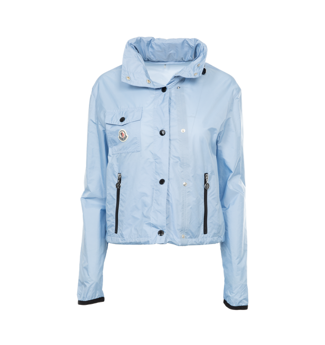 Image 1 of 5 - BLUE - MONCLER Lico Rain Jacket featuring packable zipped hood, high collar, front press-stud closure, one press-stud flap pocket on chest, two side zip pockets, drawstring on hem and elasticated cuffs. 100% polyamide. 