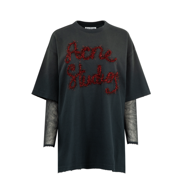 Image 1 of 2 - GREY - ACNE STUDIOS Layered Logo T-Shirt featuring regular fit, mesh sleeves, ribbed neckline and tinsel-inspired logo embroidery. 100% cotton. 100% nylon. Embroidery: 65% nylon, 35% polyester.