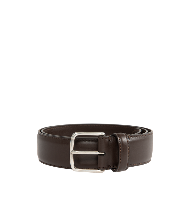 Image 1 of 2 - BROWN - THE ROW Maxi Classic Leather Belt featuring sleek calfskin leather with palladium metal buckle and fixed loop. 100% leather. Made in Italy.