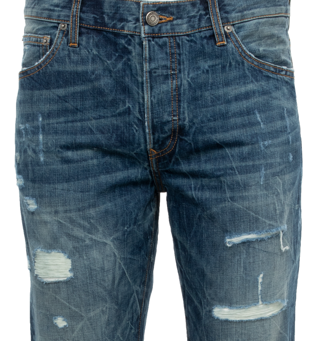 Image 4 of 4 - BLUE - COUT DE LA LIBERTE Jimmy Crispy Rigid Flare Jeans featuring five-pocket style, zip fly, button closure and flare hem. 100% cotton. 