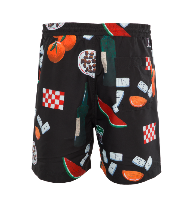 Image 2 of 4 - BLACK - CARHARTT WIP Slater Swim Shorts featuring regular fit, mid-rise, straight leg, drawstring elasticated waistband, two slip pockets at front, all-over print, patch pocket at back and internal mesh briefs. 100% polyester. 