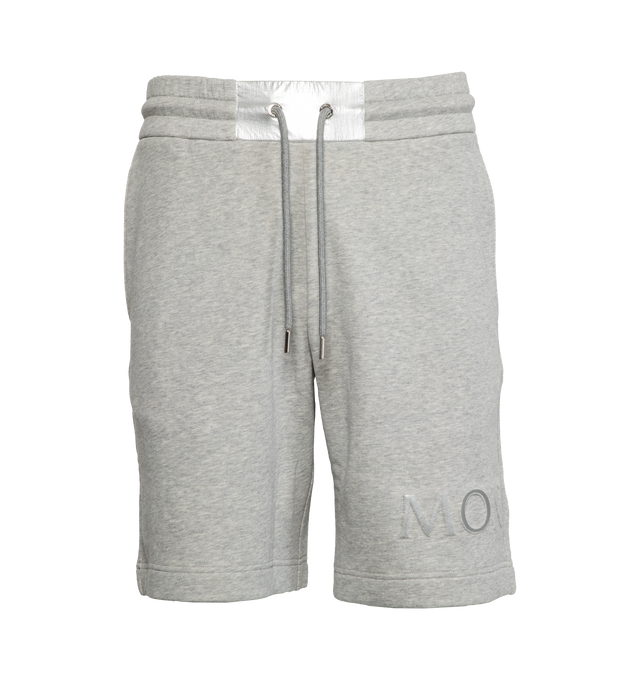 Image 1 of 3 - GREY - MONCLER Logo Shorts featuring waistband with drawstring fastening, laminated embossed logo and nylon patch pocket. 87% cotton, 13% polyamide/nylon. Made in Turkey. 