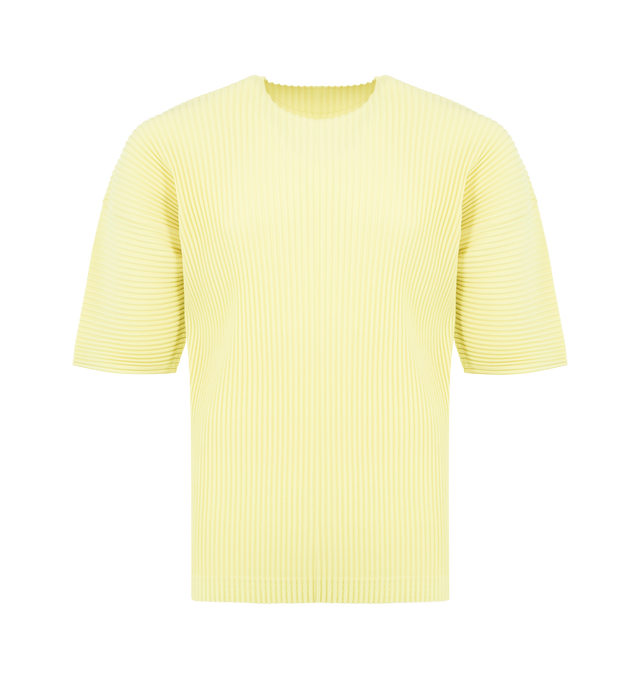 Image 1 of 2 - YELLOW - ISSEY MIYAKE Tee featuring round-neck, short-sleeves, ease of drying, lightweight and pleats throughout. 100% polyester.