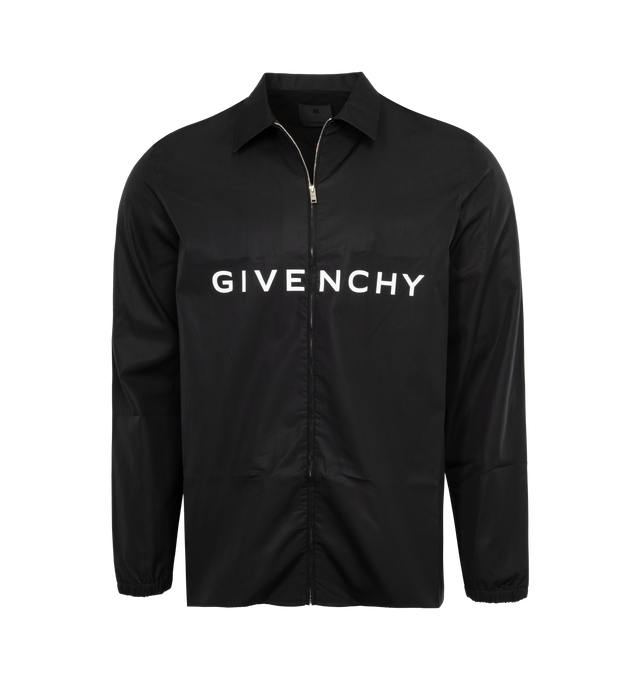 Image 1 of 2 - BLACK - GIVENCHY Boxy Fit Zip Shirt featuring long-sleeves, classic collar, contrasting GIVENCHY signature printed on the front, zipped closure, elastic cuffs and boxy fit. 100% cotton. 