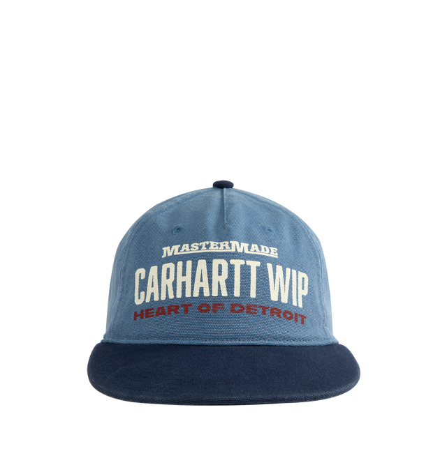 Image 1 of 3 - BLUE - CARHARTT Arcan Cap featuring lined front panel, six-panel style, firm, flat peak, unstructured, adjustable strap with metal buckle, embroidered ventilation eyelets and graphic print. 100% cotton.